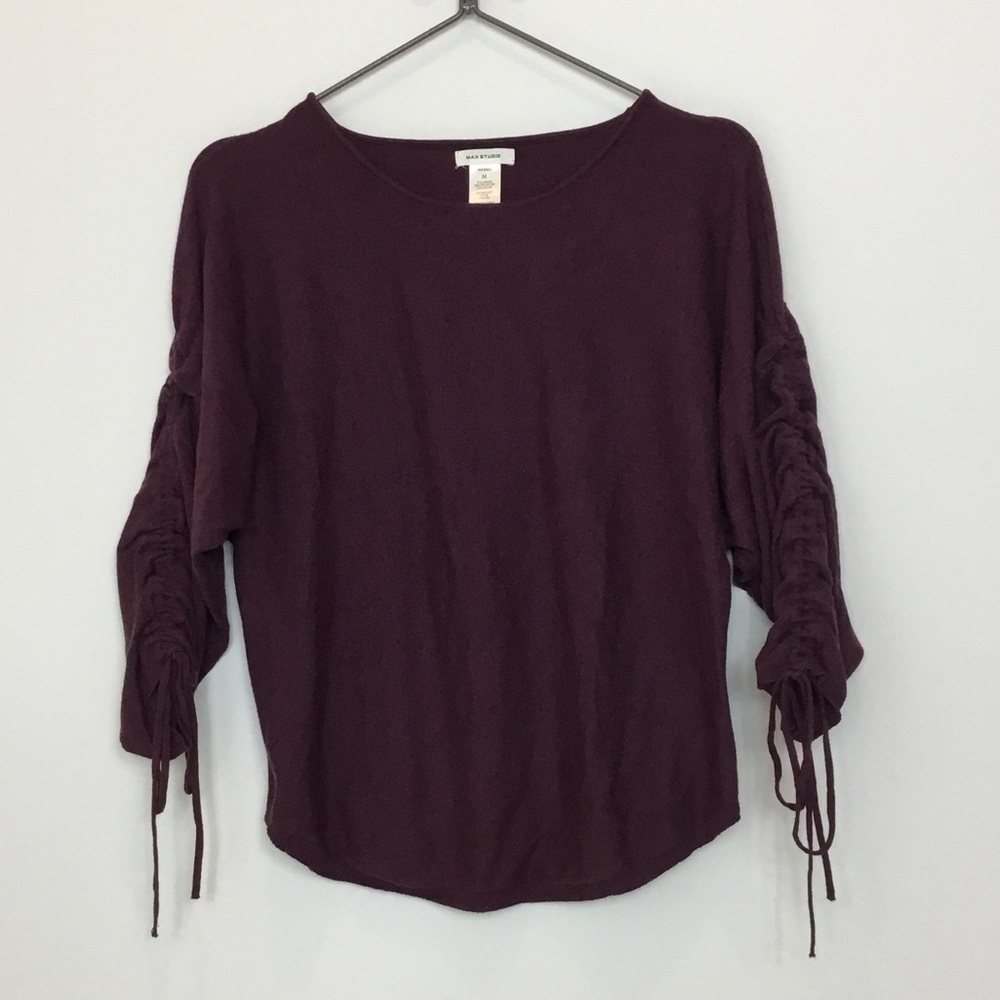 Max Studio Ruched Tie-Sleeve Crewneck sweater in Plum size medium